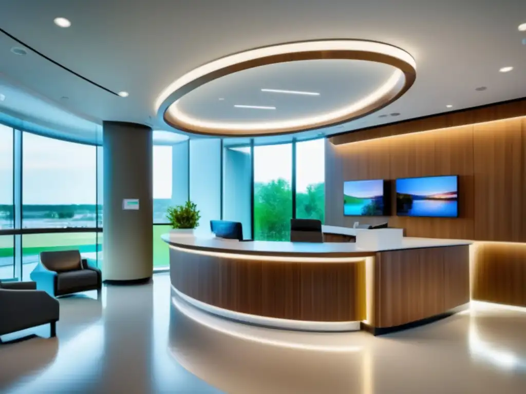Instalación médica moderna y detallada de 8k, con recepción amplia y elegante, mobiliario minimalista y recepcionista amigable