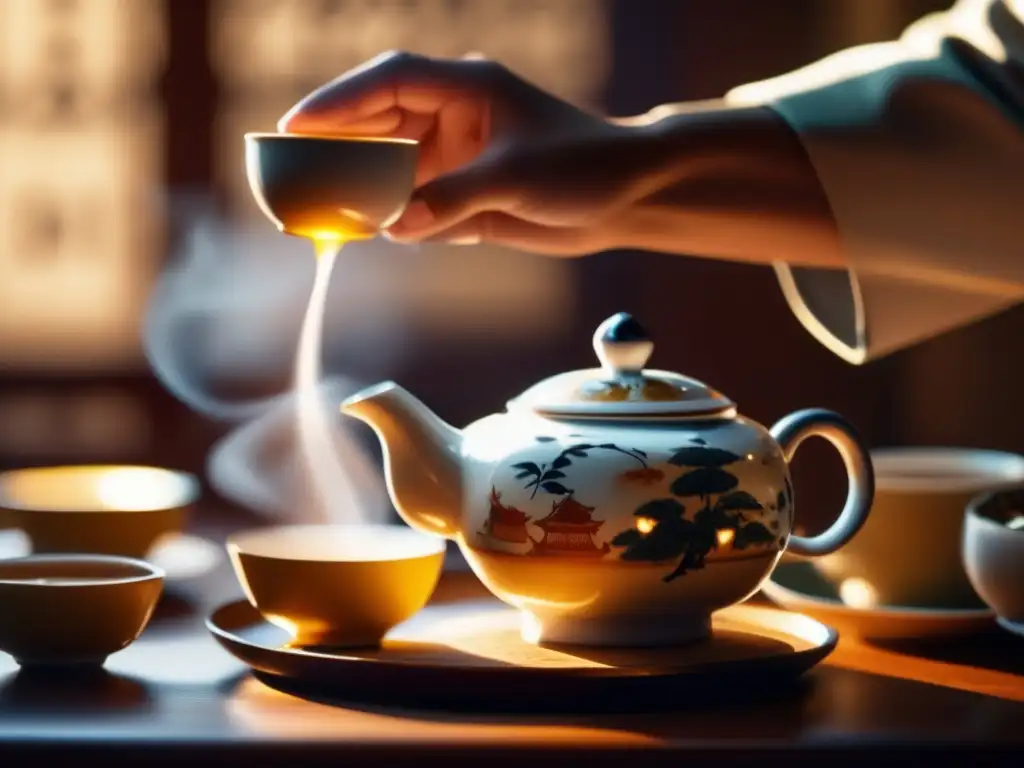 Ceremonia de té tradicional en China Experiencia cultural del té en China para viajeros maduros: ceremonia del té con porcelana intricada, té caliente, jardín sereno