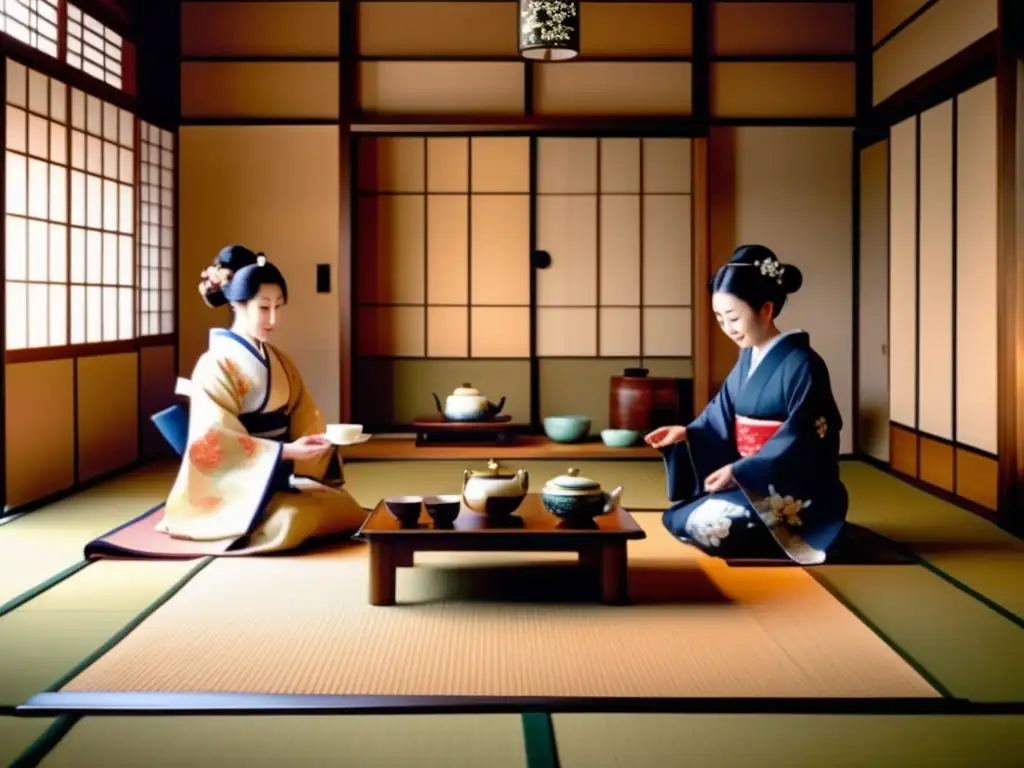Ceremonia japonesa de té en sala de tatami Ceremonia del té japonesa en una habitación serena con puertas de papel, decoraciones de bambú y una mesa baja con un hermoso juego de té de porcelana