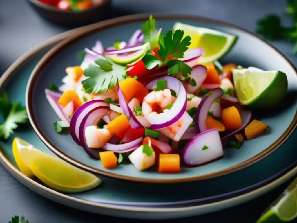 Delicioso ceviche peruano en plato moderno Platos de cocina peruana para seniors: Ceviche de pescado fresco, cebolla roja, limón y cilantro en un plato moderno y colorido