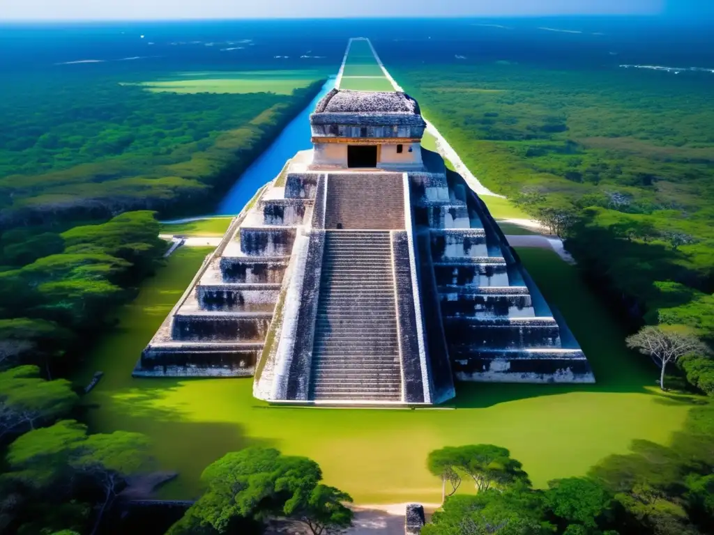 Vista aérea de Chichén Itzá, México Rutas arqueológicas seguras en México: Vista aérea de Chichén Itzá, templo El Castillo, ruinas mayas y paisaje verde exuberante