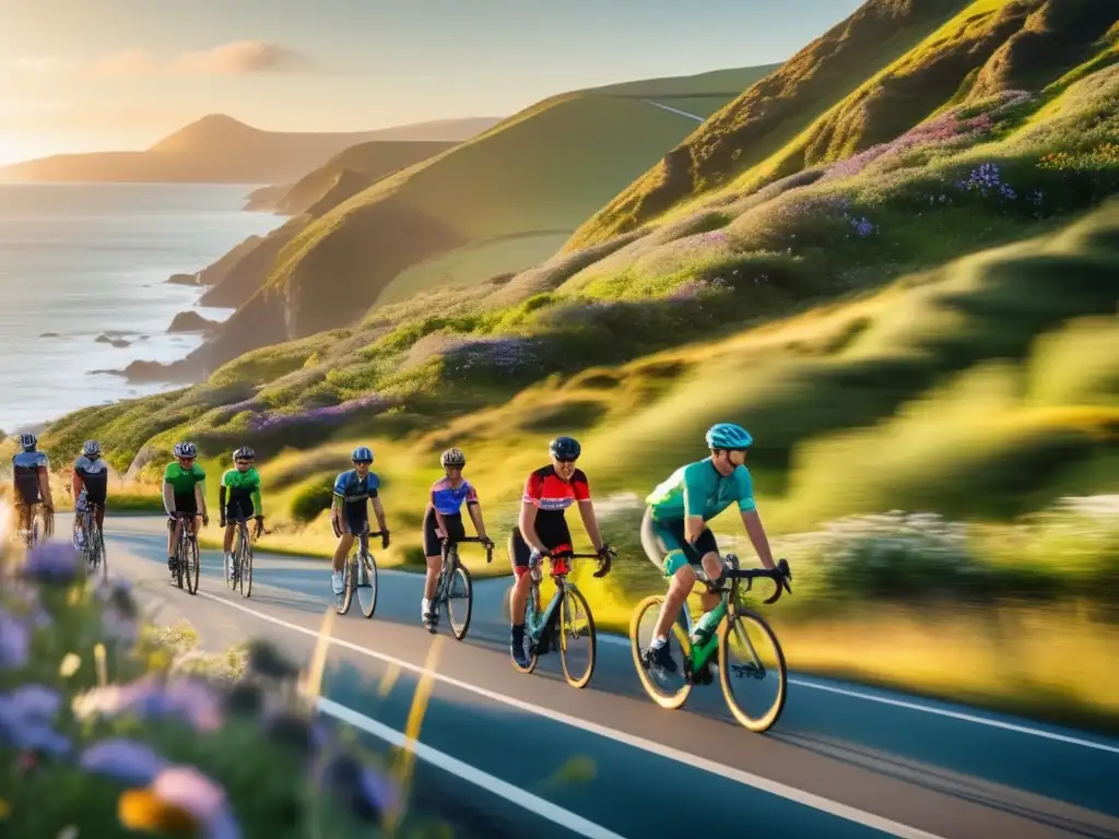 Grupo de ciclistas maduros disfrutando de un emocionante viaje en bicicleta por una impresionante carretera costera