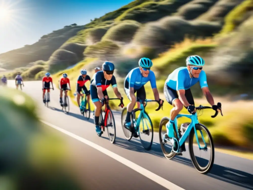 Viajes ciclismo para mayores seguros: grupo de ciclistas senior en ruta costera, vestidos con vibrantes prendas, pedaleando con confianza y alegría