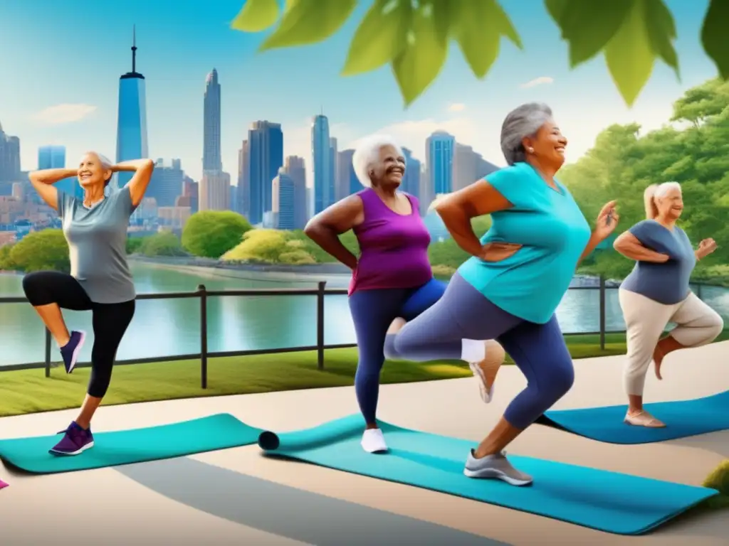 Seniors activos disfrutando de la ciudad Ejercicios de bajo impacto para viajeros senior en una ciudad vibrante
