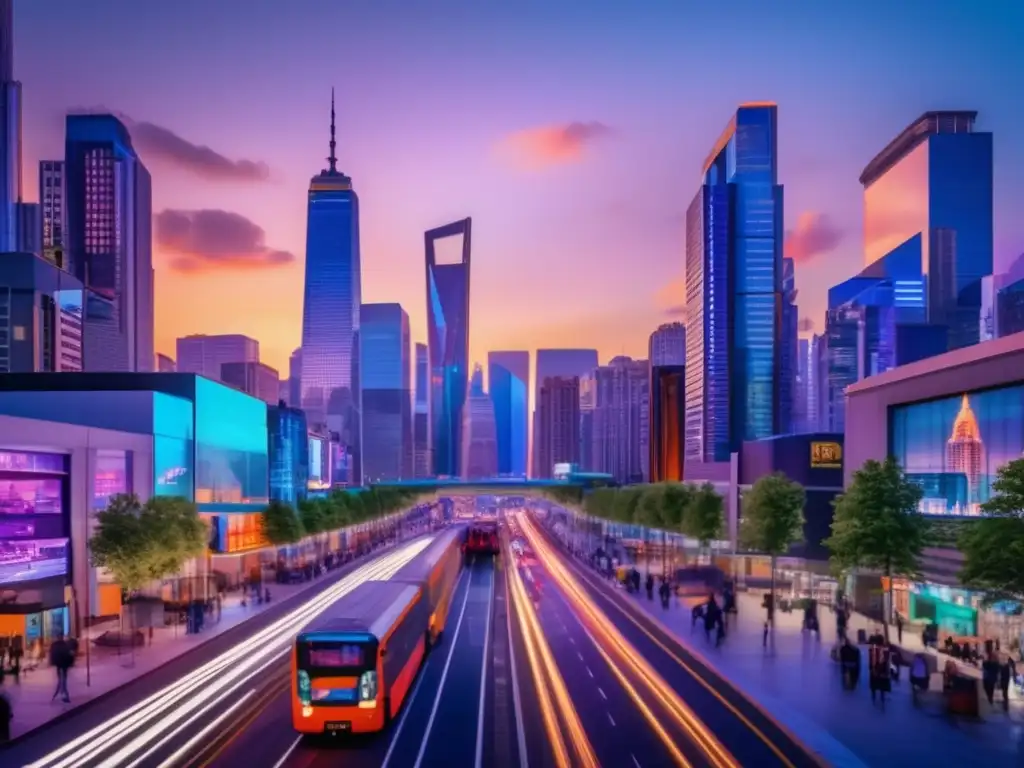 Ciudad vibrante al atardecer Ciudad moderna con rascacielos, luces y movimiento