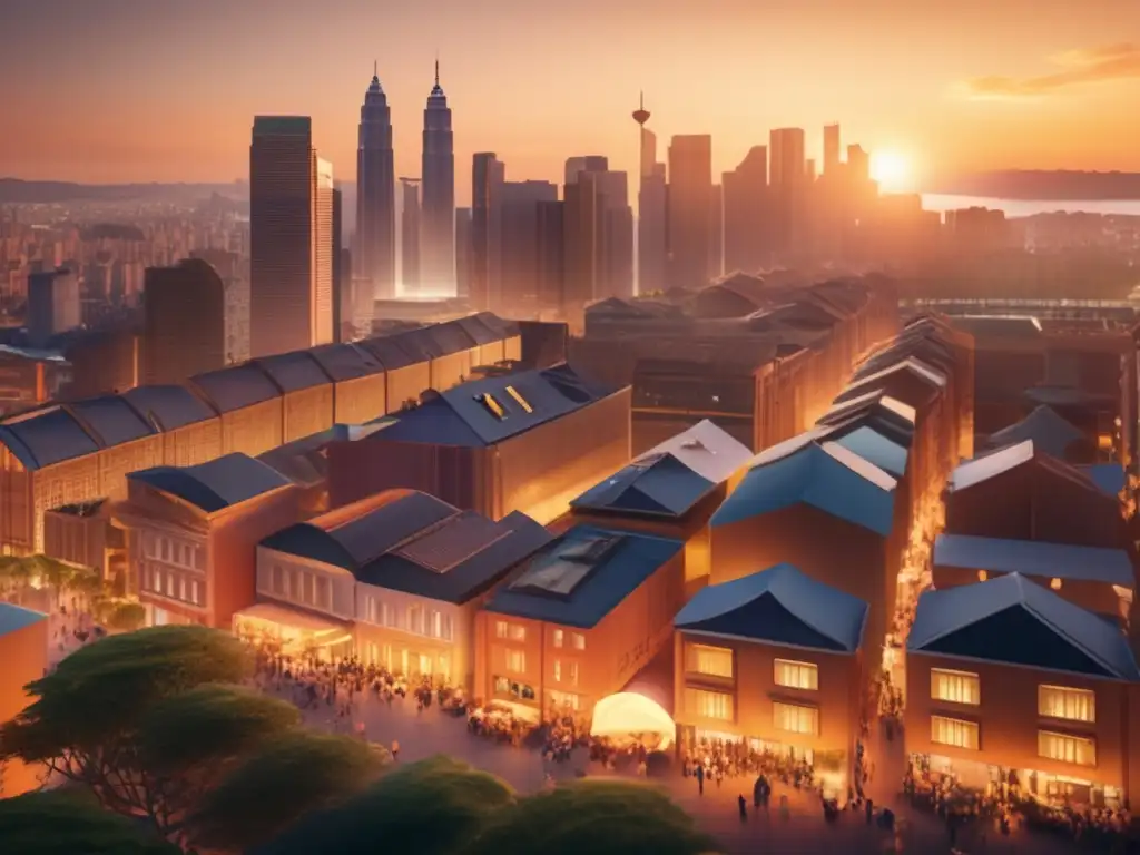 Calle multicultural en ciudad vibrante al atardecer Destinos lingüísticos para adultos mayores en vibrante ciudad multicultural