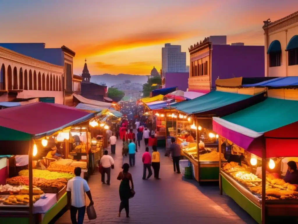 Tentaciones culinarias en viaje: vibrante ciudad al atardecer con mercado callejero y delicias gastronómicas