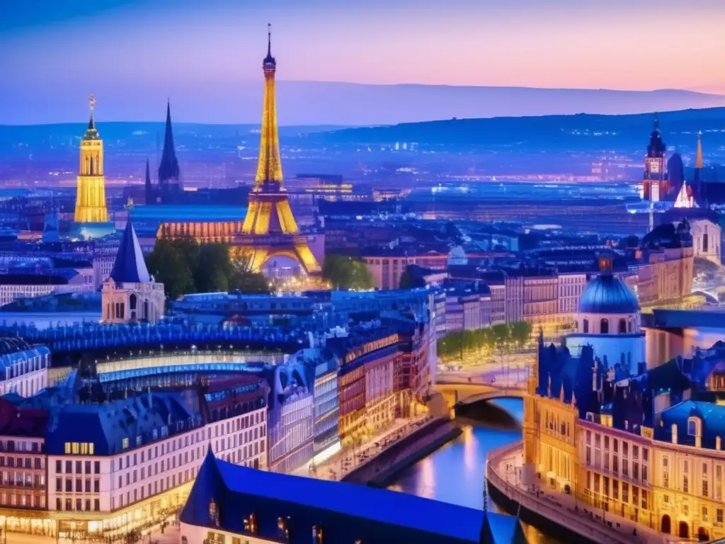 Ciudad europea al atardecer con monumentos icónicos Seguridad y diversidad cultural en Europa: Ciudad europea al atardecer con emblemáticos puntos turísticos y ambiente animado