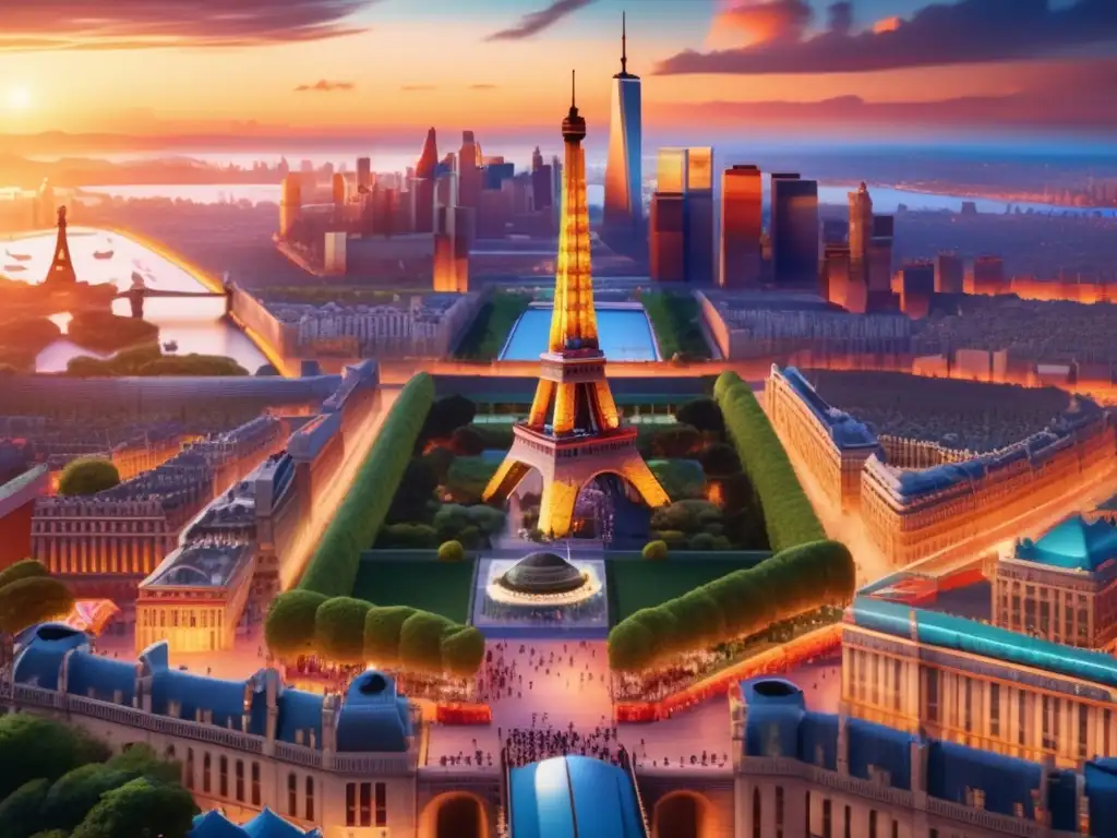Beneficios viajes lingüísticos: Ciudad vibrante al atardecer con emblemáticos monumentos y gente diversa disfrutando de la inmersión cultural