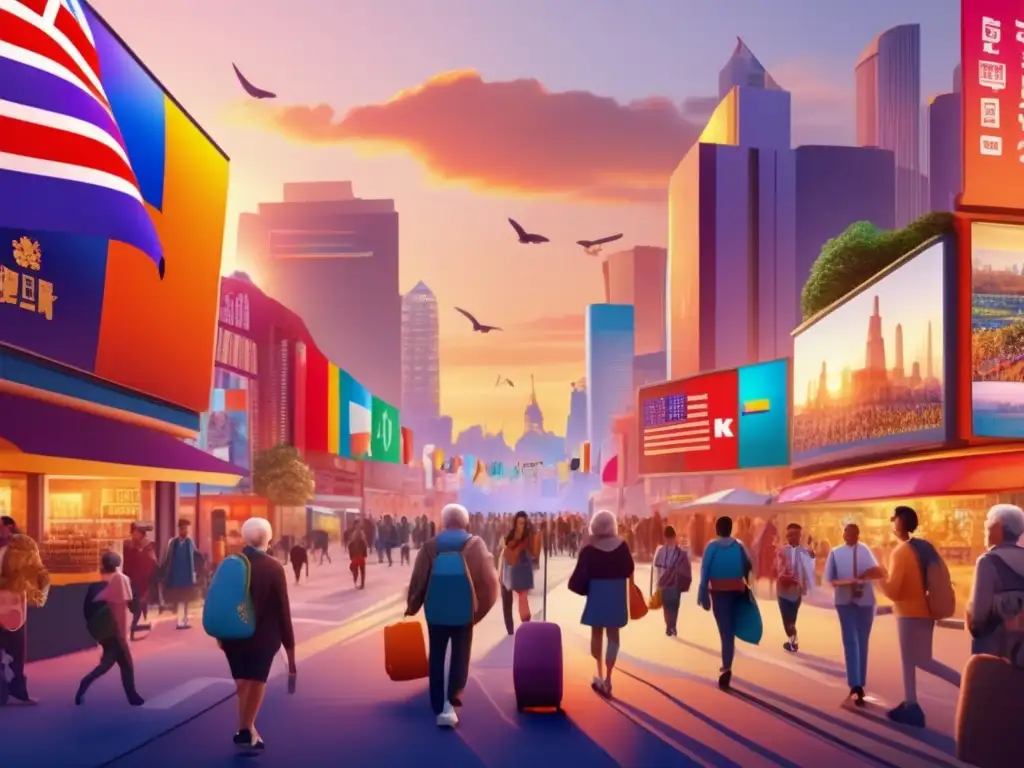 Ciudad moderna al atardecer Aprende idiomas viajando adultos: Ciudad moderna al atardecer con calle animada, edificios coloridos, señales y banderas de diferentes países