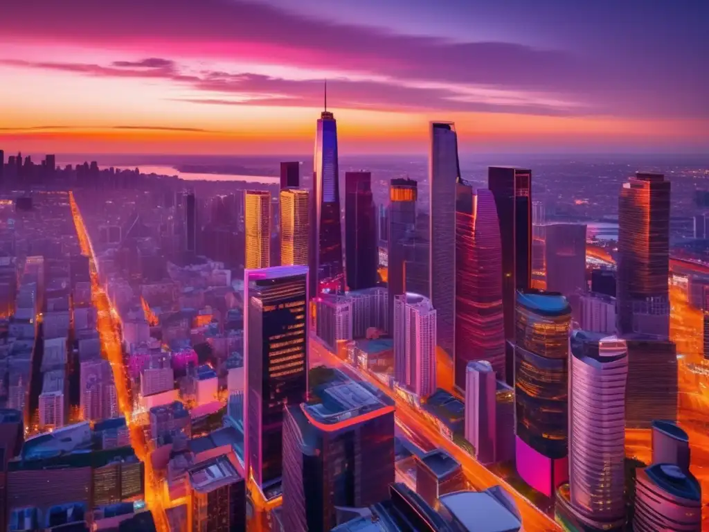 Ciudad vibrante al atardecer Consejos viajes tercera edad: Ciudad vibrante al atardecer con moderno skyline, edificios altos y gente disfrutando de viaje seguro y emocionante