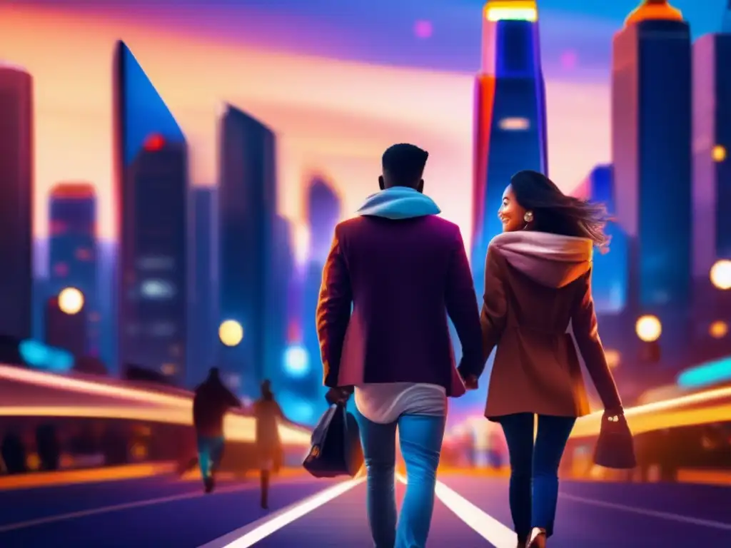 Ciudad moderna al atardecer, pareja aventurera Ciudad moderna al atardecer: precauciones para viajar seguro