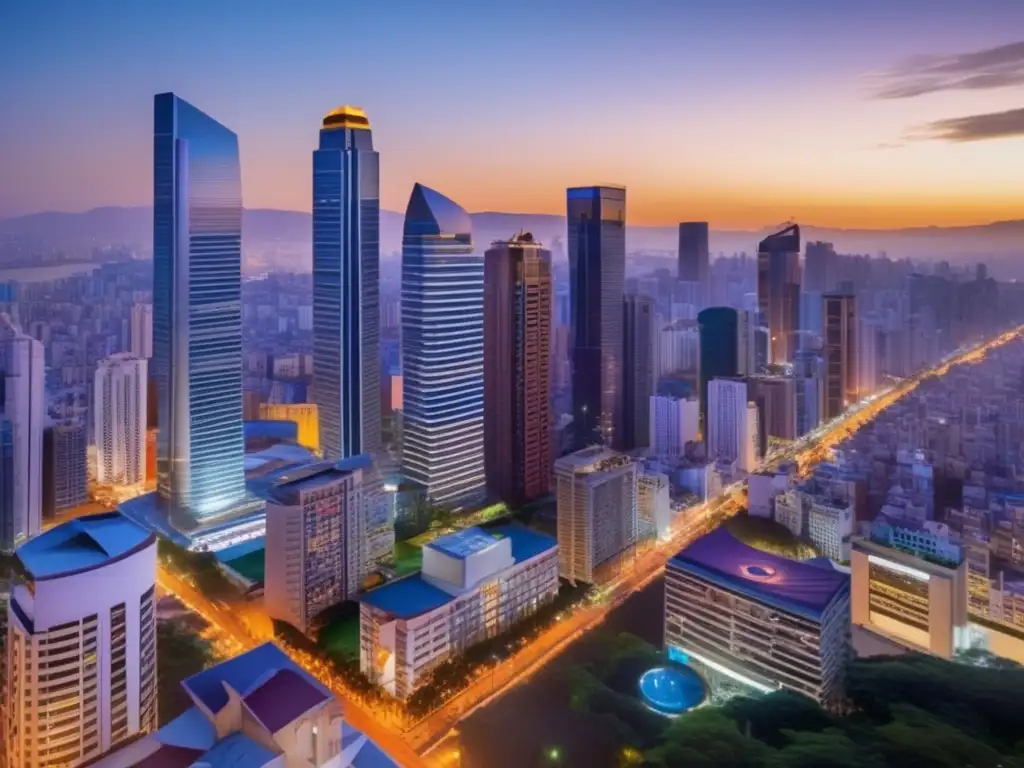 Ciudad A: Ruta personalizada de herencia Ciudad A: Rutas de herencia personalizadas en una ciudad moderna al atardecer, con rascacielos que reflejan la luz del sol