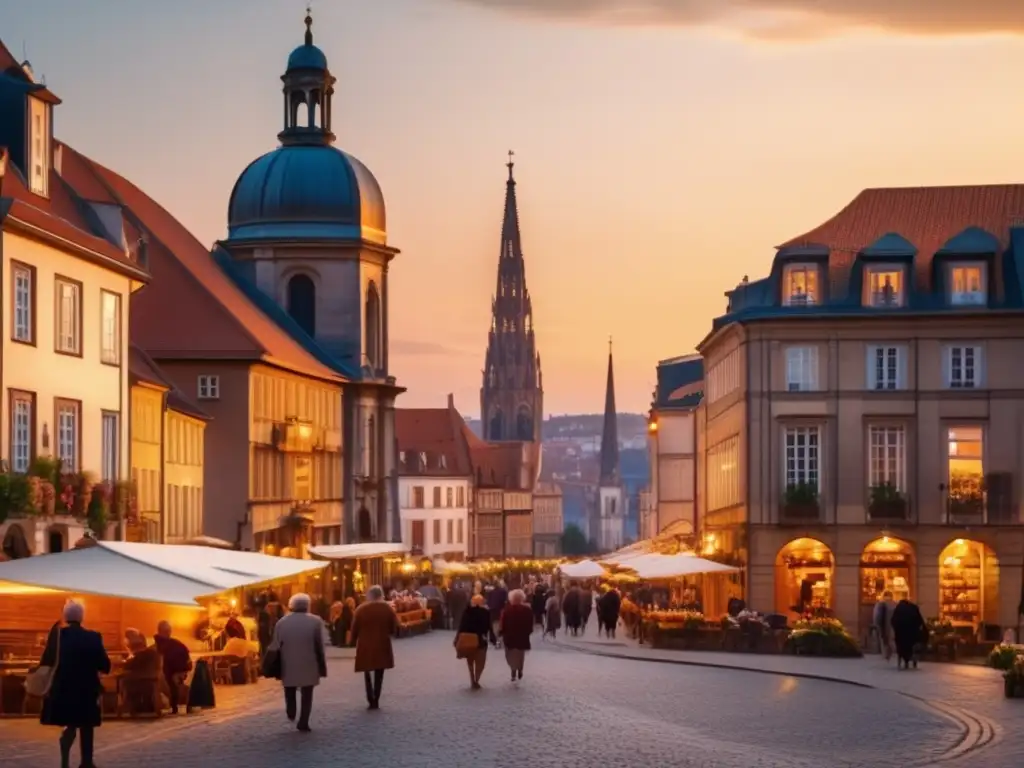 Ciudad A al atardecer: calles encantadoras y viajeros disfrutando Ciudad europea pintoresca al atardecer, segura para viajeros seniors en Europa