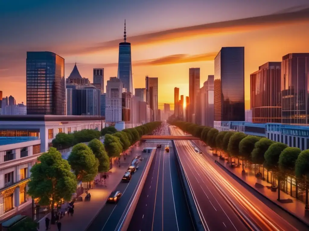 Ciudad moderna y vibrante con inclusión y seguridad Ciudad vibrante al atardecer con seguridad, accesibilidad, salud y programas para adultos mayores