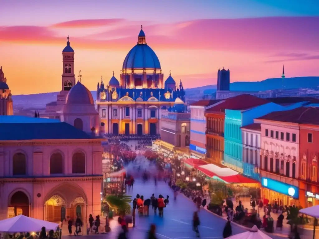 Beneficios de viajes lingüísticos: Calle nocturna vibrante con diversidad cultural y conversaciones animadas