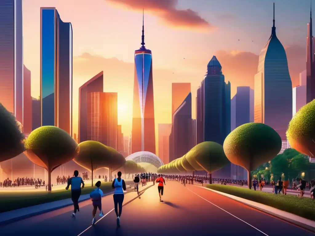 Ciudad moderna y vibrante al atardecer Ciudad moderna y vibrante al atardecer, con rascacielos reflejando el sol