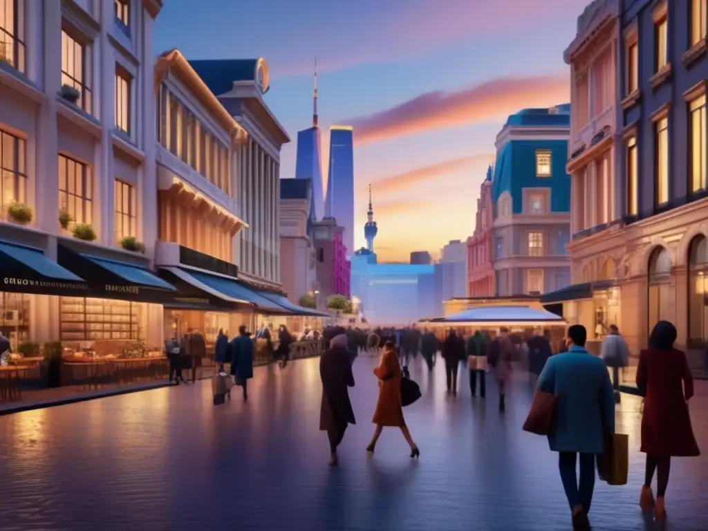 Ciudad vibrante al atardecer Un vibrante paisaje urbano al atardecer con cafés, tiendas y una mezcla de arquitectura moderna y tradicional