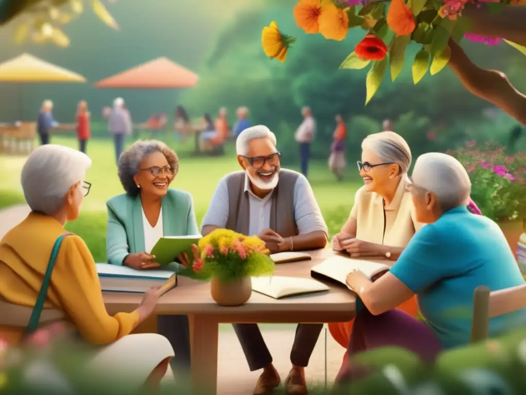 Clase de idiomas al aire libre para adultos mayores Grupo de adultos mayores en clase de idiomas al aire libre, transmitiendo alegría y camaradería