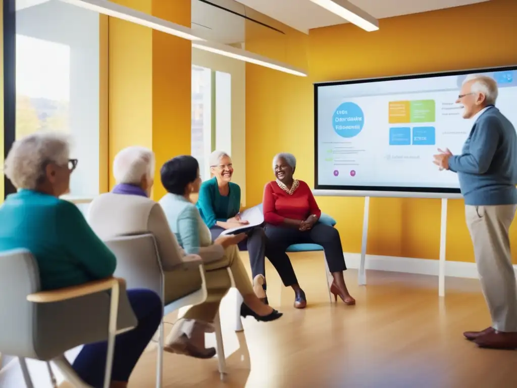 Clase de idiomas para adultos mayores Adultos mayores aprendiendo idiomas en un aula moderna con luz natural y mobiliario contemporáneo