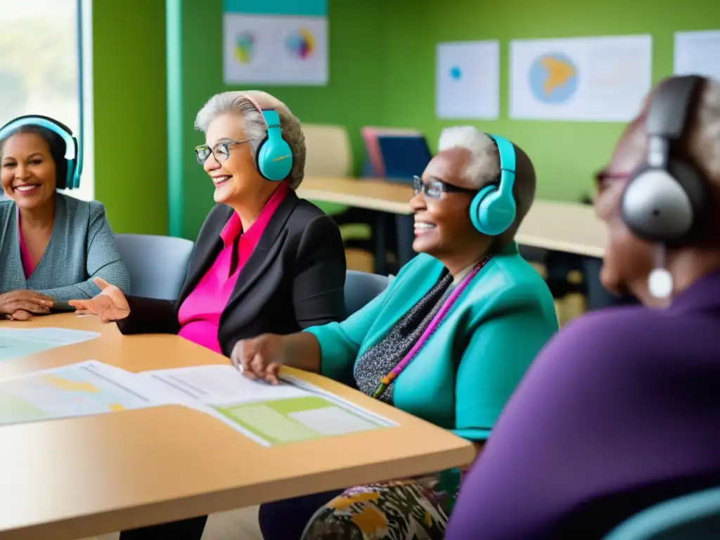 Adultos aprendiendo idiomas con entusiasmo Viajes lingüísticos para adultos mayores en aula moderna con tecnología e interacción