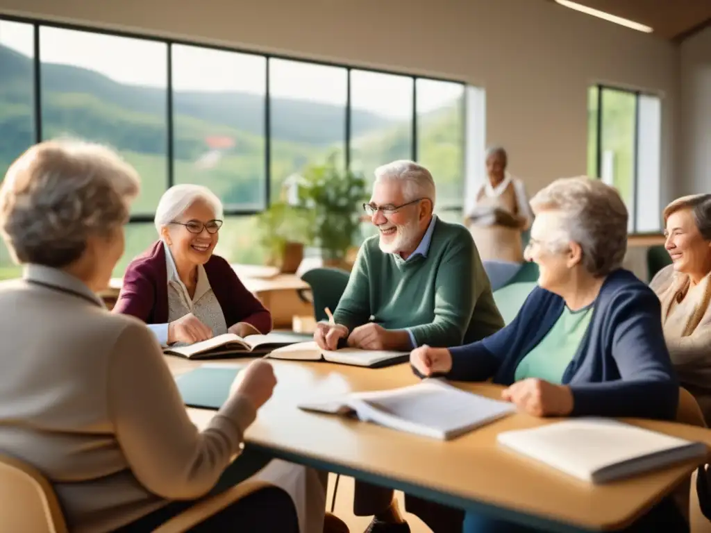 Clase de idiomas para adultos mayores Viajes lingüísticos para adultos mayores en aula luminosa con paisaje escénico y profesores acompañando