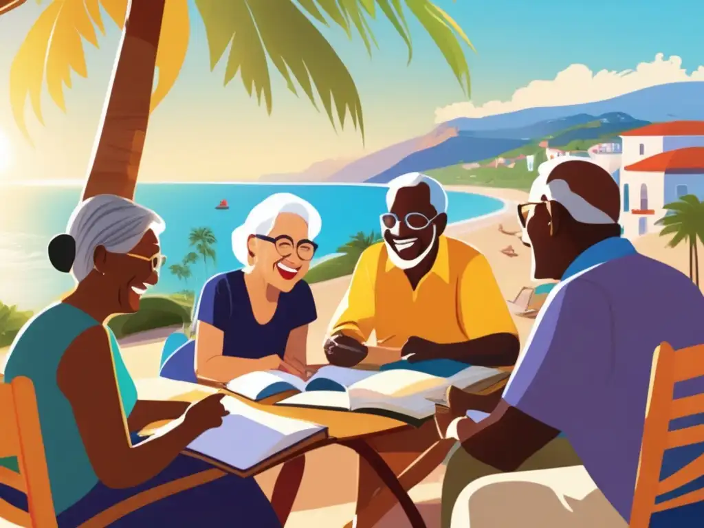 Clase de idiomas en un pueblo costero Destinos lingüísticos seguros para adultos mayores, clase de idiomas en una hermosa ciudad costera, adultos sonrientes, comunidad feliz