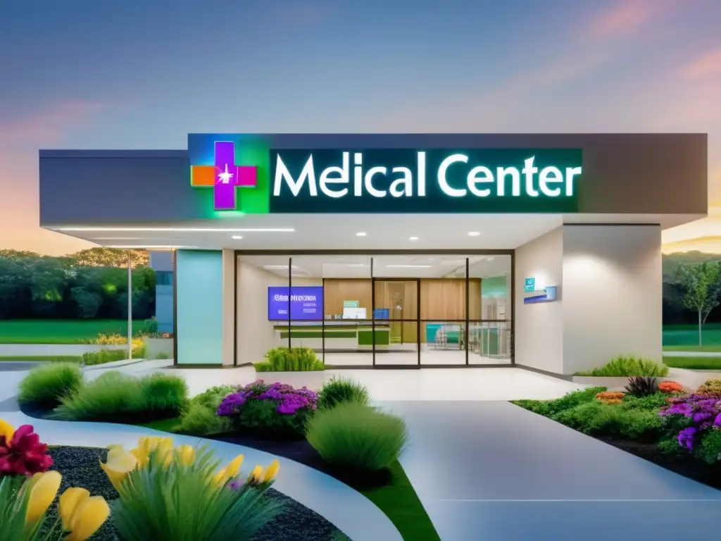 Clínica médica moderna y acogedora Clínica médica moderna con entrada acogedora y paisaje exuberante
