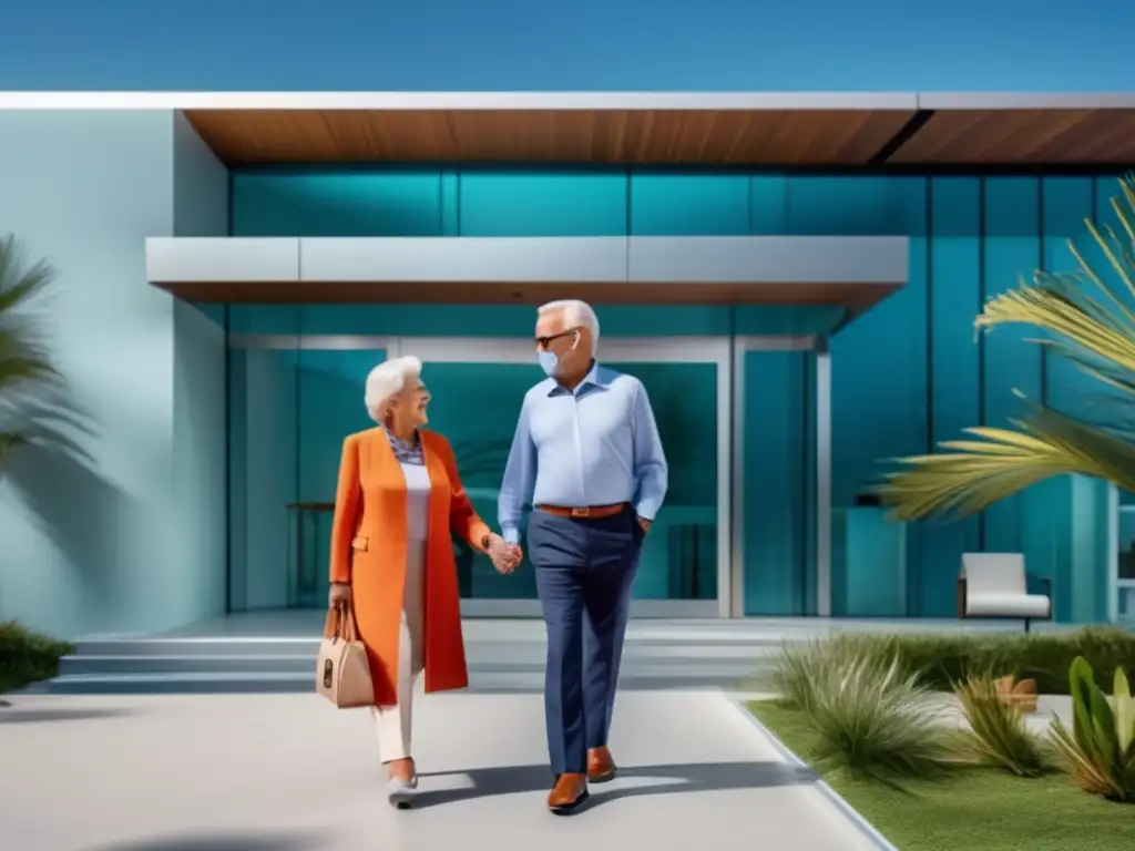 Pareja de ancianos frente a moderna clínica médica Turismo médico para adultos mayores en clínica moderna con pareja elegante, confiada y entorno acogedor