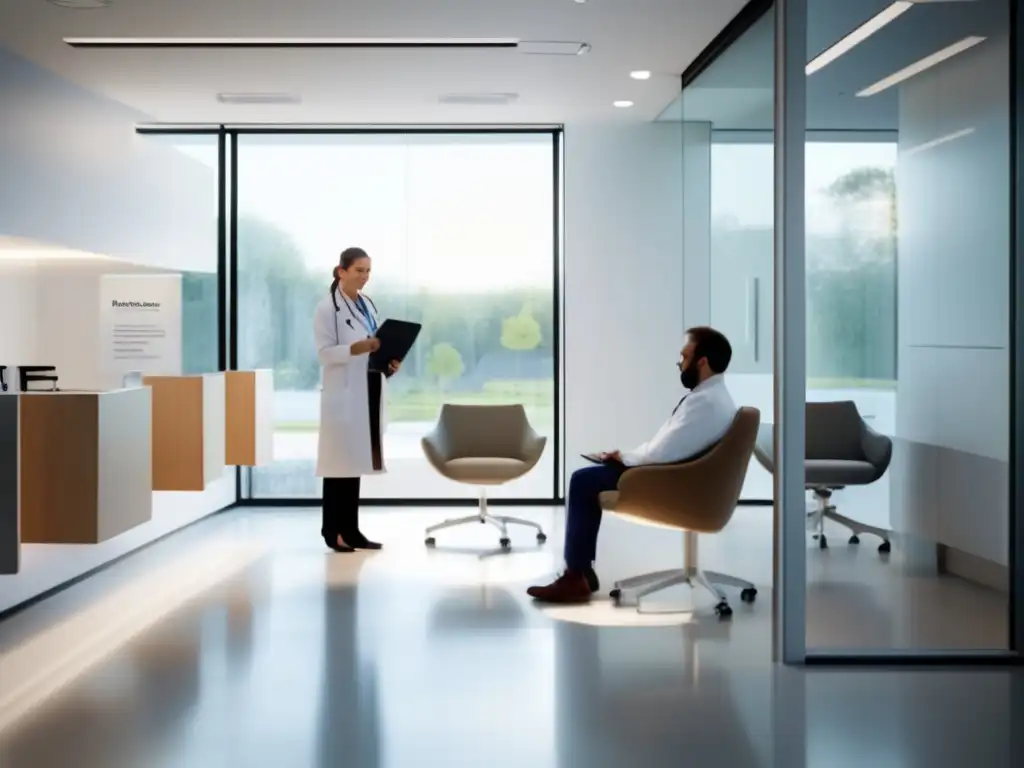 Clinica medica moderna con doctor asesorando a paciente Clínica médica moderna: Cuidados de salud en viajes largos
