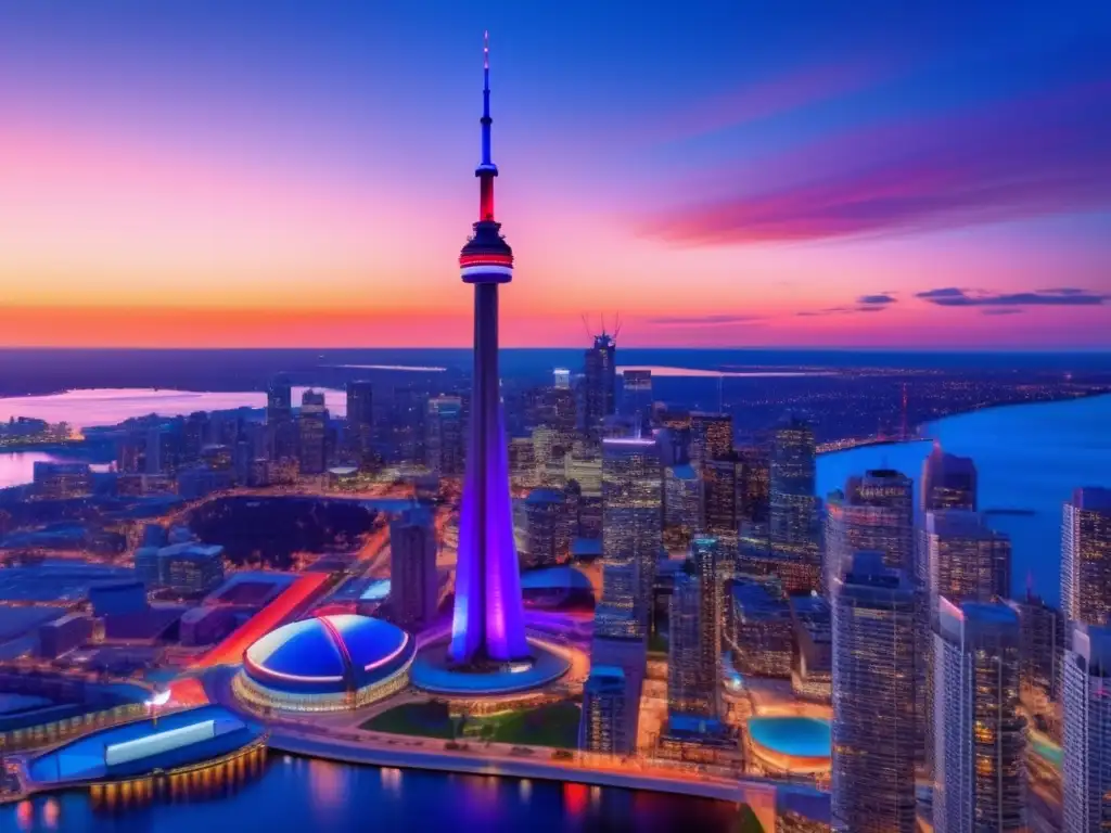 CN Tower al atardecer: símbolo de inclusión y vida urbana Mejores destinos turísticos para adultos mayores en Toronto: CN Tower iluminada, vibrante skyline y accesibilidad en calles