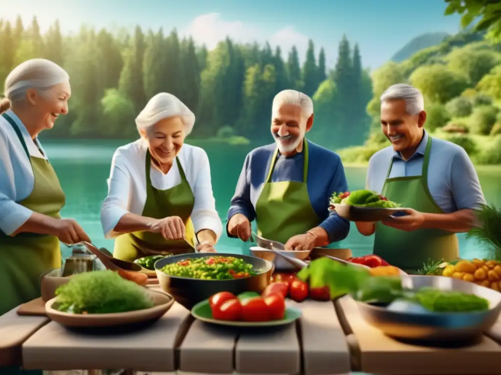 Taller de cocina para mayores en entorno natural Viajeros senior disfrutan de una divertida clase de cocina al aire libre con alimentos saludables