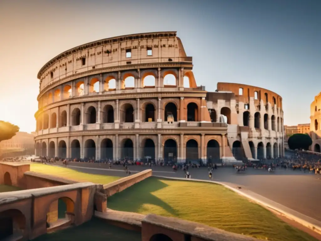 Coliseo de Roma en 8k: historia y grandiosidad Coliseo de Roma, símbolo histórico con detalles arquitectónicos, bajo el cálido sol dorado