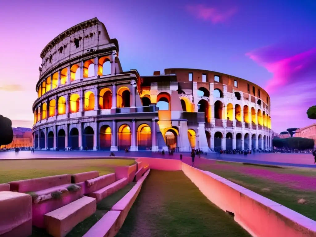 Atardecer dorado sobre el Coliseo Rutas históricas para viajeros senior: Coliseo en Roma al atardecer