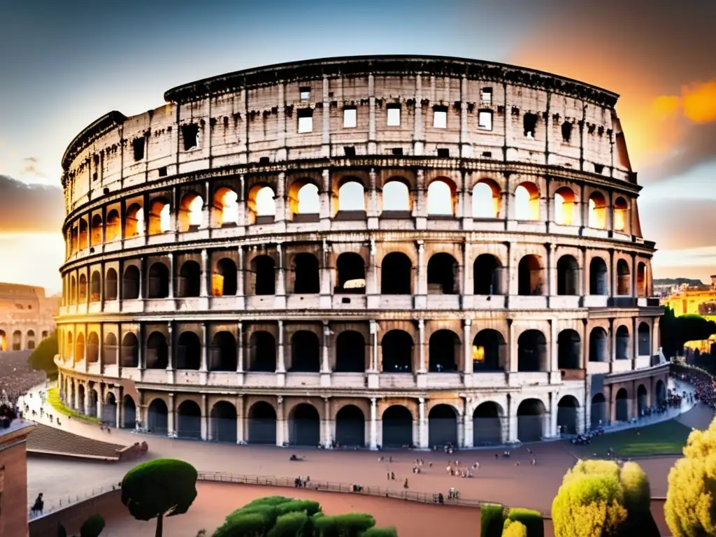 Coliseo Romano: Historia y belleza en un atardecer vibrante Coliseo de Roma al atardecer, historia y encanto en una imagen - Guía de viaje senior Roma