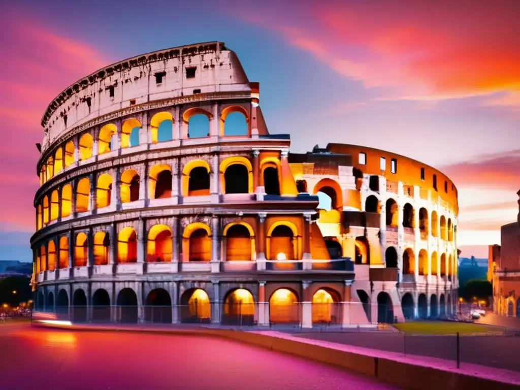 Coliseo Romano al atardecer: historia y vida moderna Viajes culturales para seniors enriquecedores: Coliseo Romano al atardecer, historia y belleza arquitectónica reflejadas en sus muros de piedra