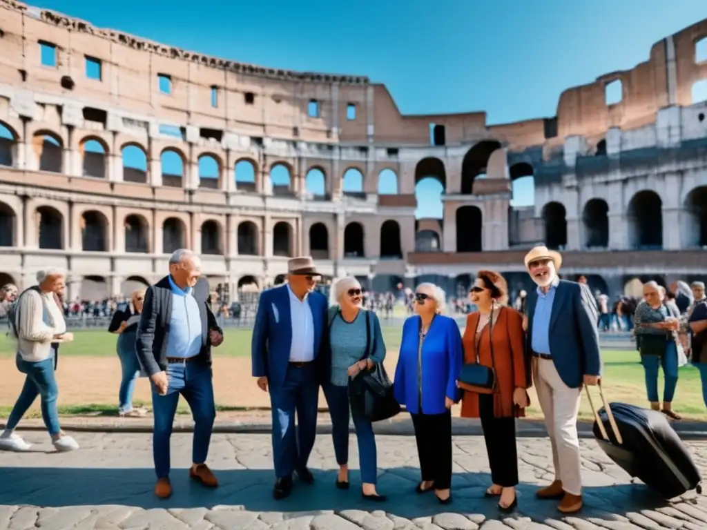 Seniors admirando el Coliseo de Roma Experiencias enriquecedoras para viajeros maduros en el Coliseo de Roma