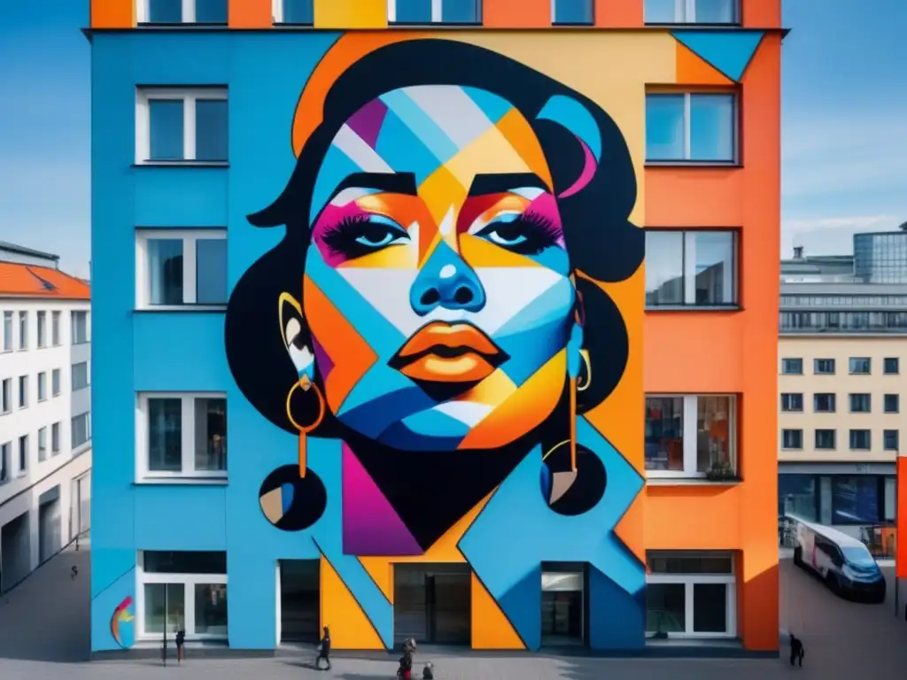 Arte urbano vibrante en Berlín Arte callejero Berlín: mural vibrante y colorido en edificio, con formas abstractas y retratos realistas