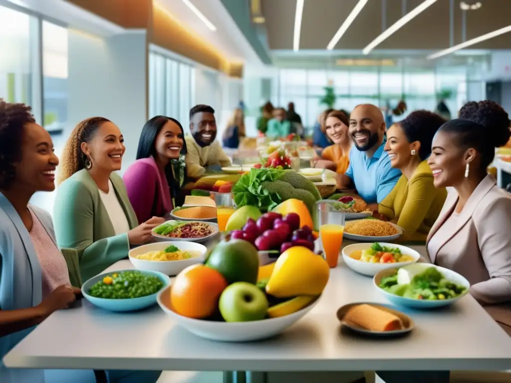Alimentación saludable en hospital moderno Dieta saludable en viaje médico: personas diversas disfrutando de comida nutritiva en una luminosa cafetería hospitalaria