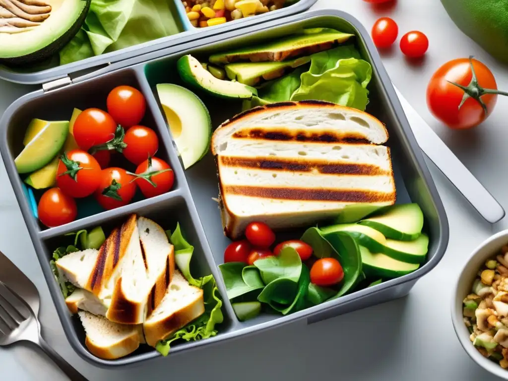 Almuerzos saludables y coloridos para viajar Consejos para comer saludable durante tus viajes: Deliciosas opciones de comida fresca y nutritiva en una imagen vibrante y tentadora