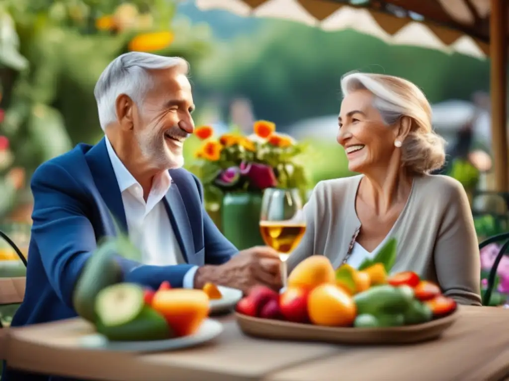 Pareja mayor disfrutando comida saludable al aire libre Alimentación segura para viajeros mayores disfrutando comida saludable en un encantador café al aire libre
