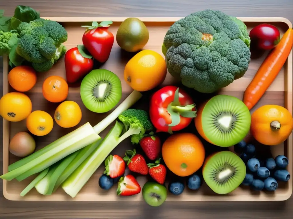Frescos y vibrantes frutas y verduras en composición artística Dieta fibrosa para viajeros senior: Imagen 8k de frutas y verduras frescas en composición artística