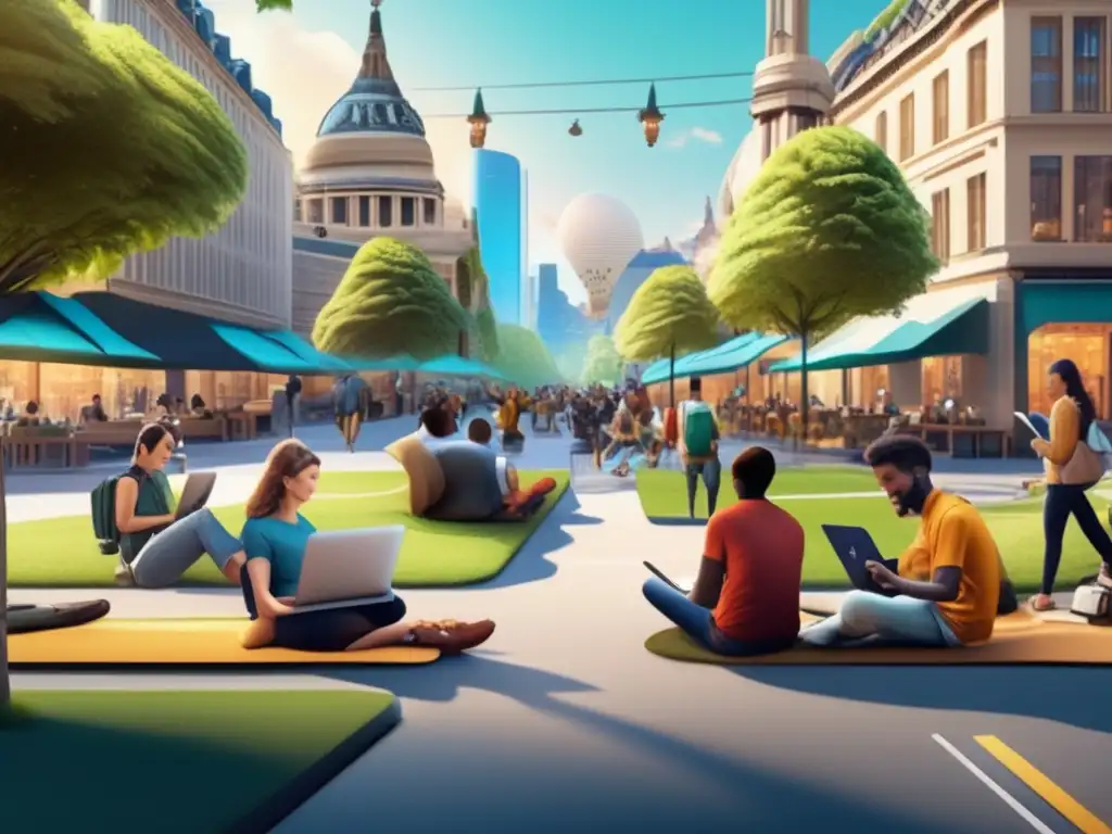Conexión wifi portátil en una ciudad vibrante Ventajas de wifi o datos móviles en una vibrante imagen urbana de viajeros conectados
