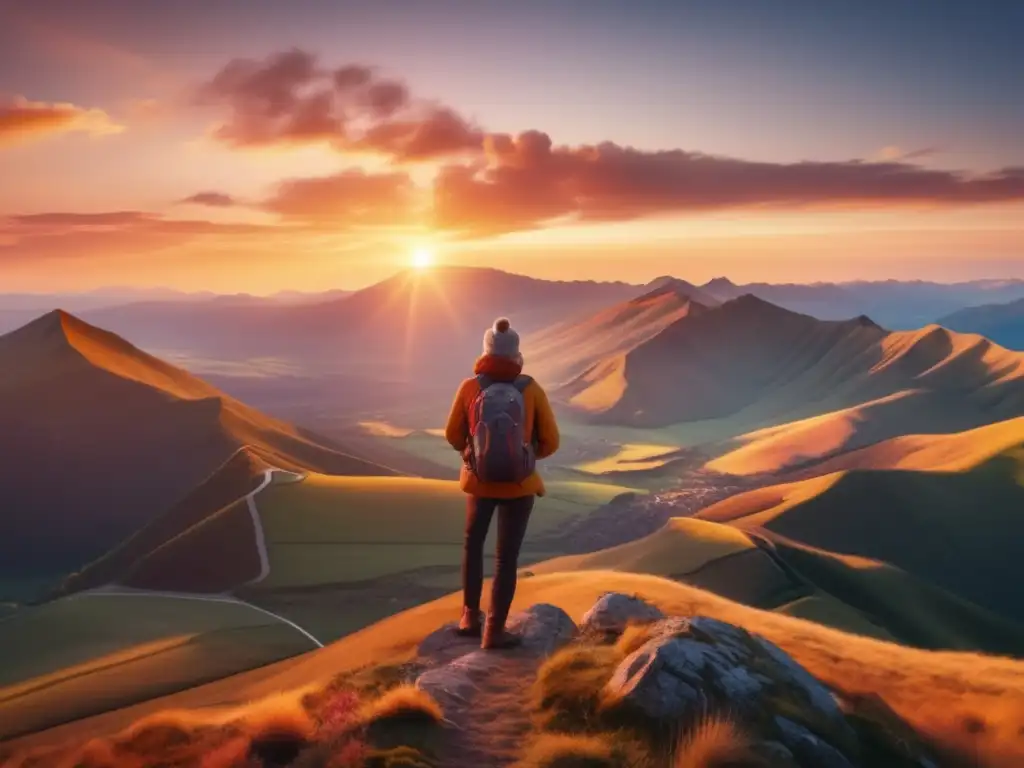 Montañero disfrutando de una llamada en la cima Consejos comunicación fluida viajero maduro en montaña con atardecer