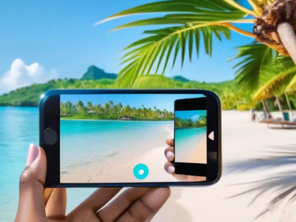 Conexión digital en el paraíso Persona sonriente disfrutando de una llamada de video en la playa - Consejos para evitar aislamiento digital en viajes