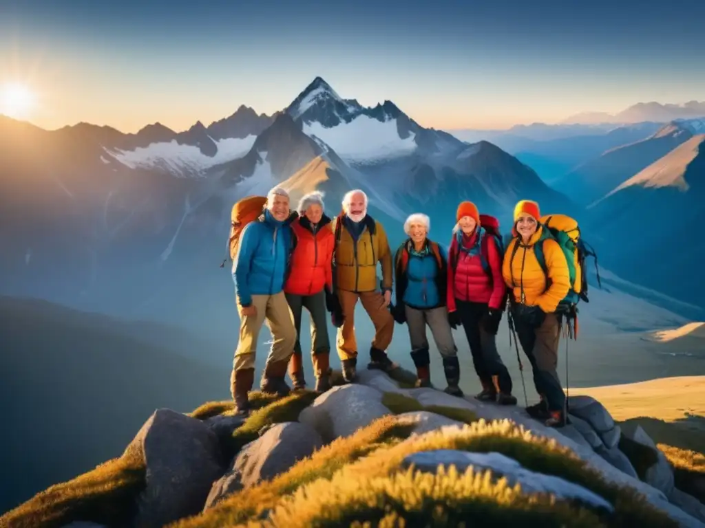 Triunfo en la cima: montañeros seniors en majestuosa montaña Montañismo senior testimonios superación en cumbre majestuosa