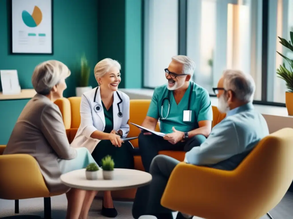 Seniors consultando con doctor en oficina moderna Grupo de viajeros seniors felices en consulta médica moderna, recibiendo consejos seguridad viajes