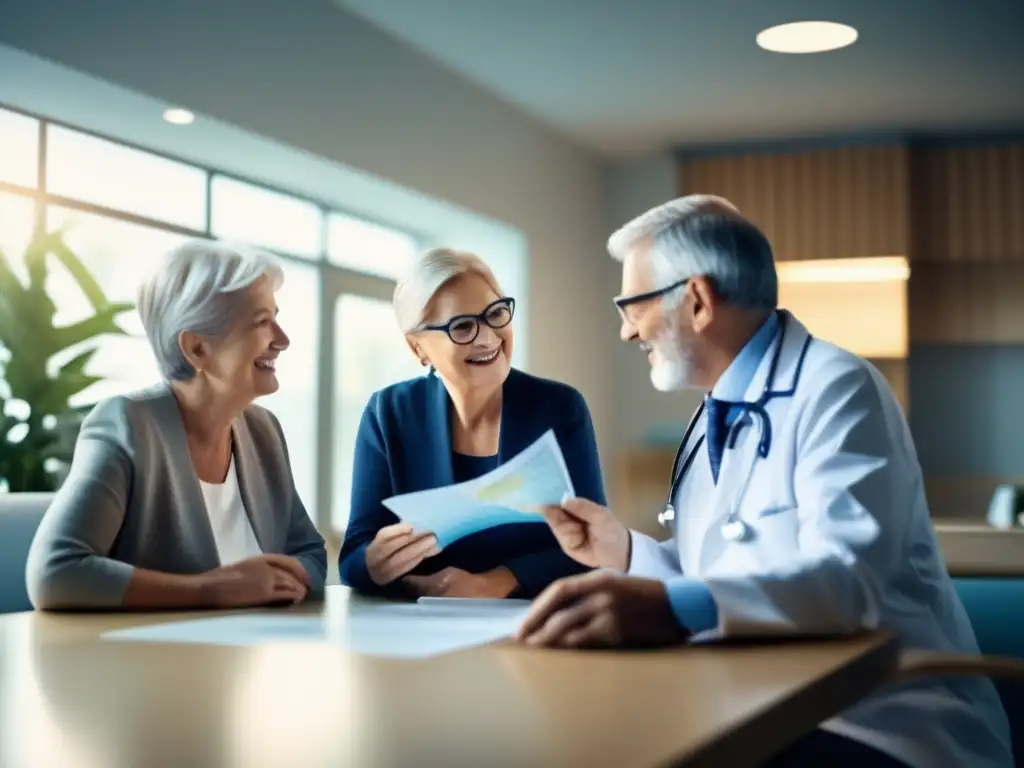 Consulta médica para viaje de adultos mayores Pareja senior en clínica médica consultando con doctor amigable sobre precauciones de salud viajes seniors