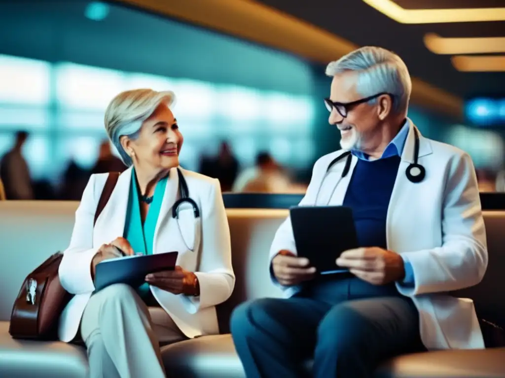 Consulta médica antes de viajar para adultos mayores Pareja de adultos mayores consultando precauciones médicas para viajar