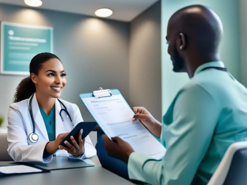 Consulta médica y planificación de viajes Paciente y médico en oficina moderna hablando sobre importancia de chequeo médico antes de viajar